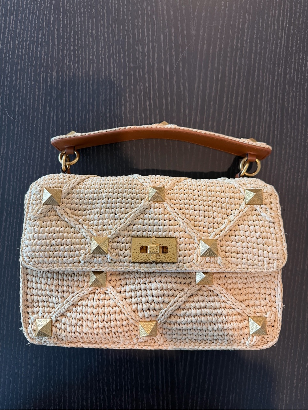 Valentino rafia rockstud bag; worn 4x